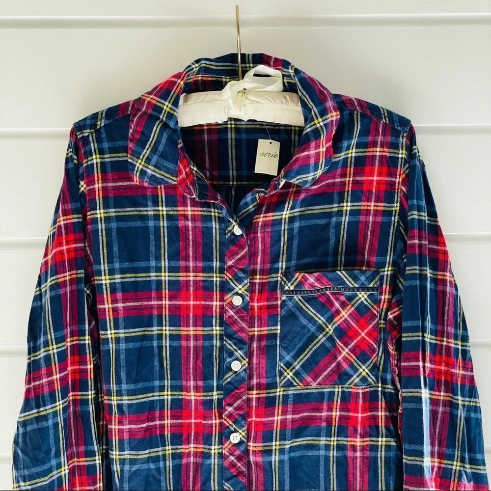 Aerie Flannel Plaid Button Down Pajama Shirt New With Tags Size XS
